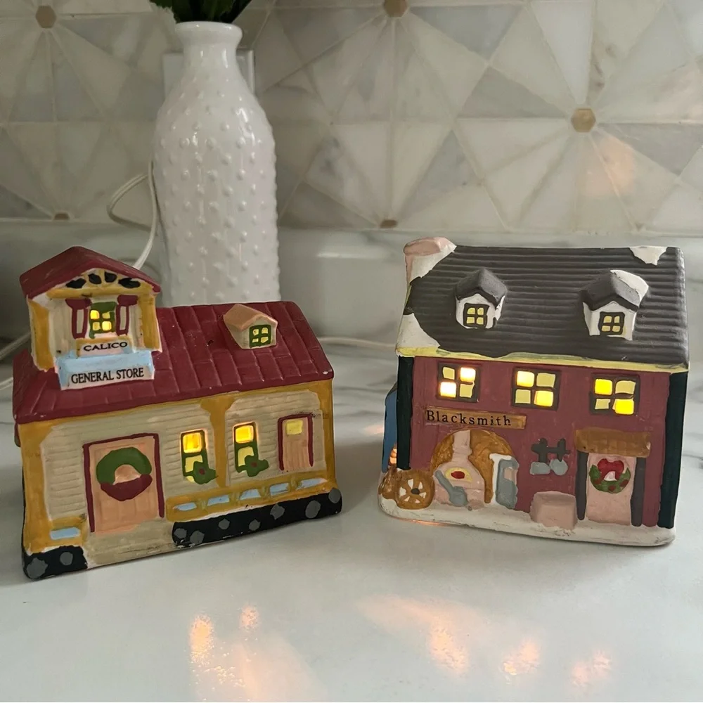 (2) Vintage Dickens Ceramic Village Christmas Cottagecore Houses With Lights